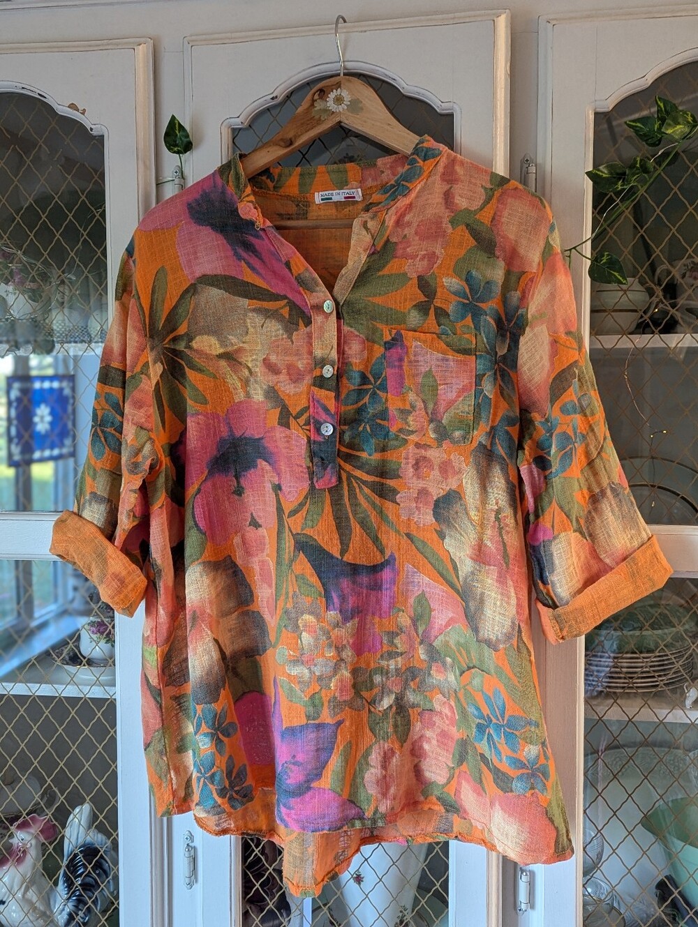 🌺🧡Made In Italy Summery Bright Floral Linen Feel Tunic Top Orange Pink Florals